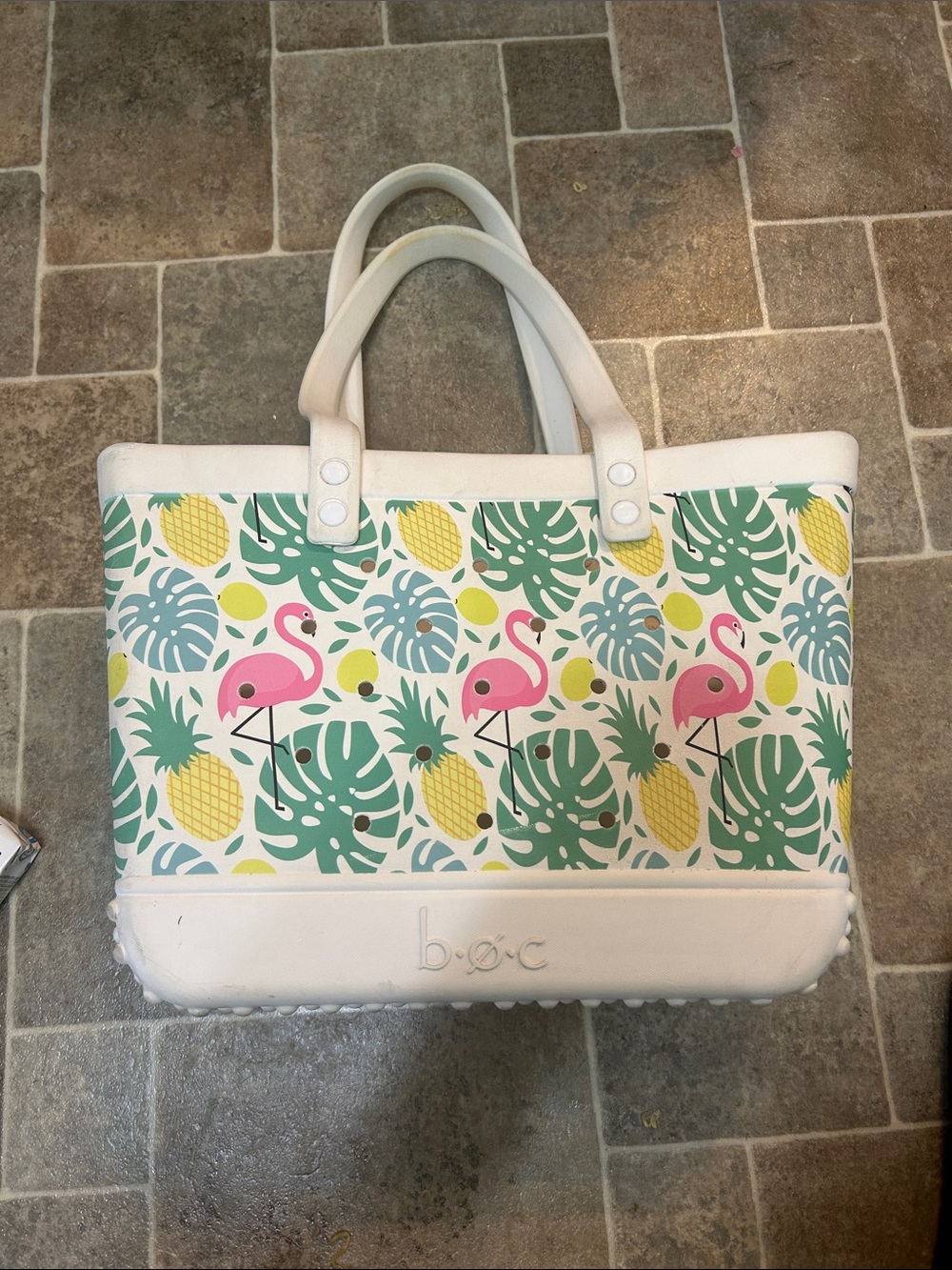 b.o.c. White Tote with Pink Flamingo & Yellow Pineapple Print